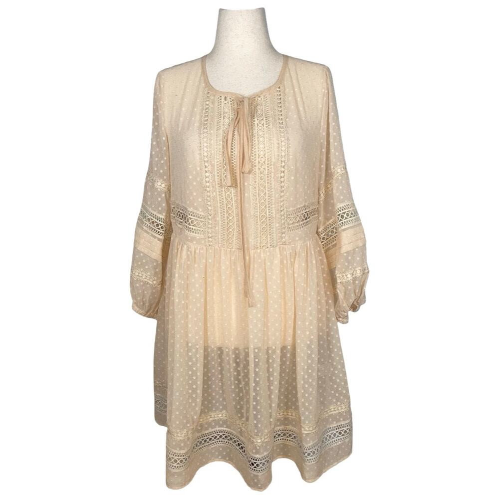 STELLAH Anthropologie Beige Swiss Dot Lace Sheer Dress    Size: L